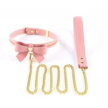 Нашийник з повідцем LOCKINK SEVANDA Love Heart Butterfly Leather Collar Set, рожевий, з бантом SX0864 фото - купити в секс-шопі Чорний Кролик