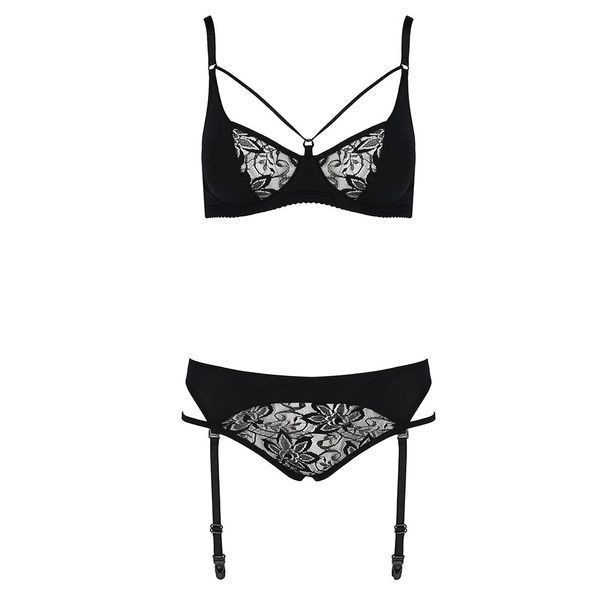 Комплект білизни Passion PAULINE SET S/M, black, стрепи, ліф, стрінги і пояс для панчох EL15805 фото - купити в секс-шопі Чорний Кролик