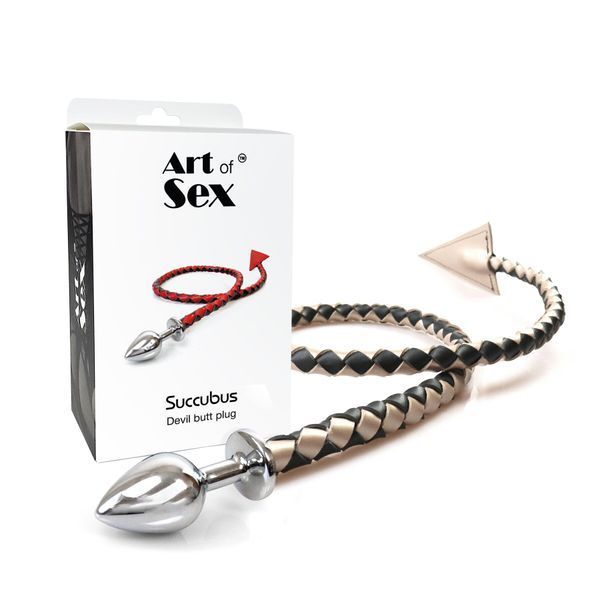 Металева анальна пробка M з диявольським хвостом Art of Sex - Succubus, екошкіра, чорний/золото SO9746 фото - купити в секс-шопі Чорний Кролик