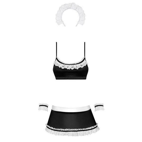 Атласний еротичний костюм покоївки Obsessive Maid set S/M, black, 5 предметів SO7715 фото - купити в секс-шопі Чорний Кролик