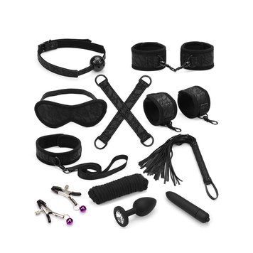 Набір Liebe Seele Black Lace and Neoprene 11pcs Bondage Kit, анальна пробка з кристалом, віброкуля SO9509 фото - купити в секс-шопі Чорний Кролик