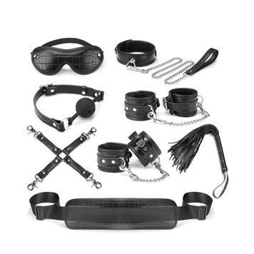 Набір Liebe Seele Temptation Bondage 8pcs Kit, фіксатори, нашийник з повідцем, кляп, флогер, маска SO9510 фото - купити в секс-шопі Чорний Кролик