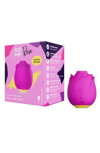 Шикарний вакуумний кліторальний стимулятор Romp Rose Pink, у вигляді троянди SO8738 фото - купити в секс-шопі Чорний Кролик