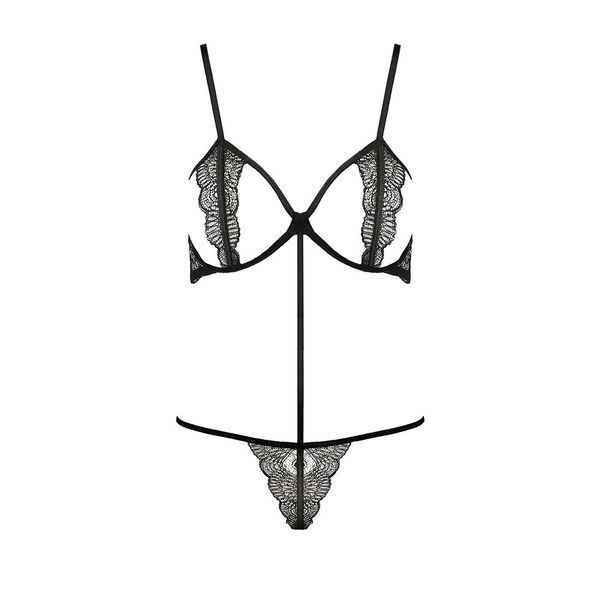 Комплект білизни Passion Exclusive QUENTRIS BIKINI L/XL, black, стрінги і напіввідкритий ліф PS26601 фото - купити в секс-шопі Чорний Кролик