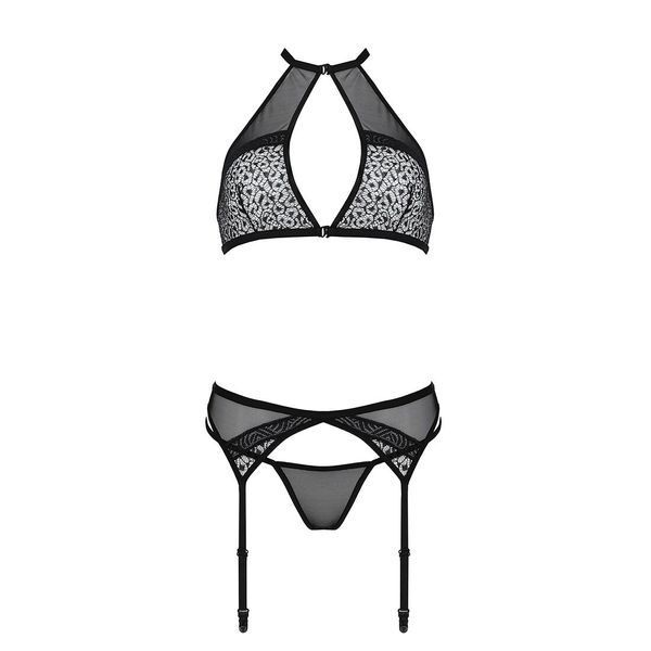 Комплект білизни Passion SATARA SET S/M black, топ, пояс для панчіх, стрінги SO8482 фото - купити в секс-шопі Чорний Кролик
