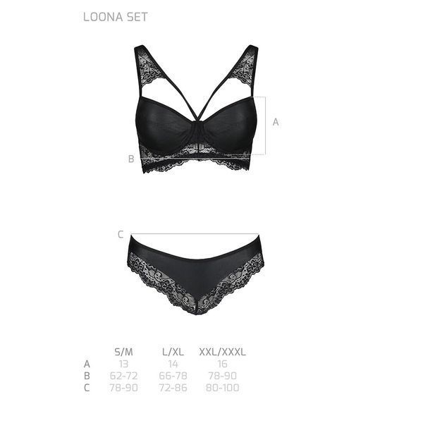 Комплект з еко-шкіри та мережива Passion LOONA SET L/XL, black, бра і трусики SO5361 фото - купити в секс-шопі Чорний Кролик