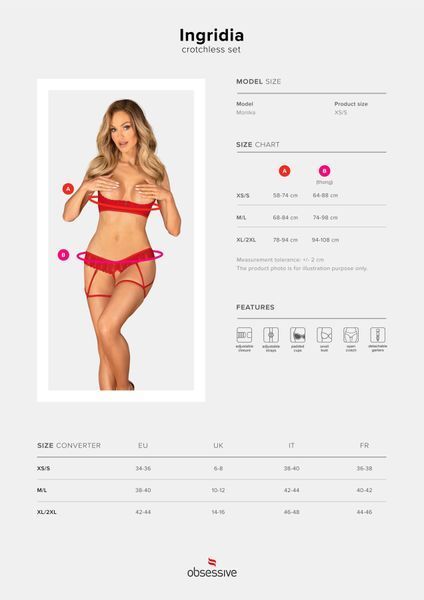 Комплект Obsessive Ingridia 2-pcs crotchless set XL/2XL, червоний, з доступом, відкриті груди SO9033 фото - купити в секс-шопі Чорний Кролик