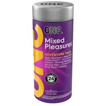 Презервативи ONE Mixed Pleasures, 24 шт, 8 видів, лубрикант у комплекті, подарункове паковання-тубус SX0796 фото - купити в секс-шопі Чорний Кролик