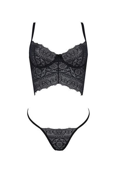 Комплект Passion KERRIA SET black, S/M, сітка+мереживо, бюстьє та стрінги SX0492 фото - купити в секс-шопі Чорний Кролик