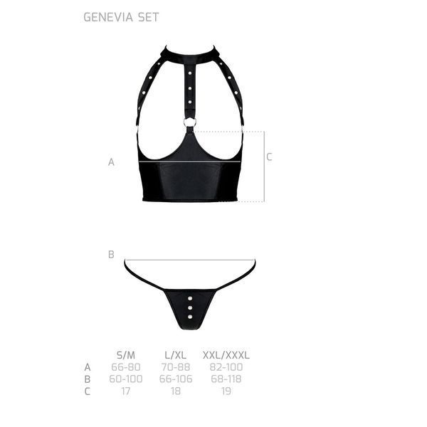 Комплект білизни з відкритими грудьми Passion GENEVIA SET WITH OPEN BRA S/M black, корсет, стрінги SO8440 фото - купити в секс-шопі Чорний Кролик